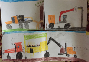 Zdjęcie przedstawia pracę plastyczną, którą Jakub stworzył poprzez połączenie rysunków wykonanych na czterech kartkach papieru. Chłopiec narysował różne pojazdy i maszyny budowlane.